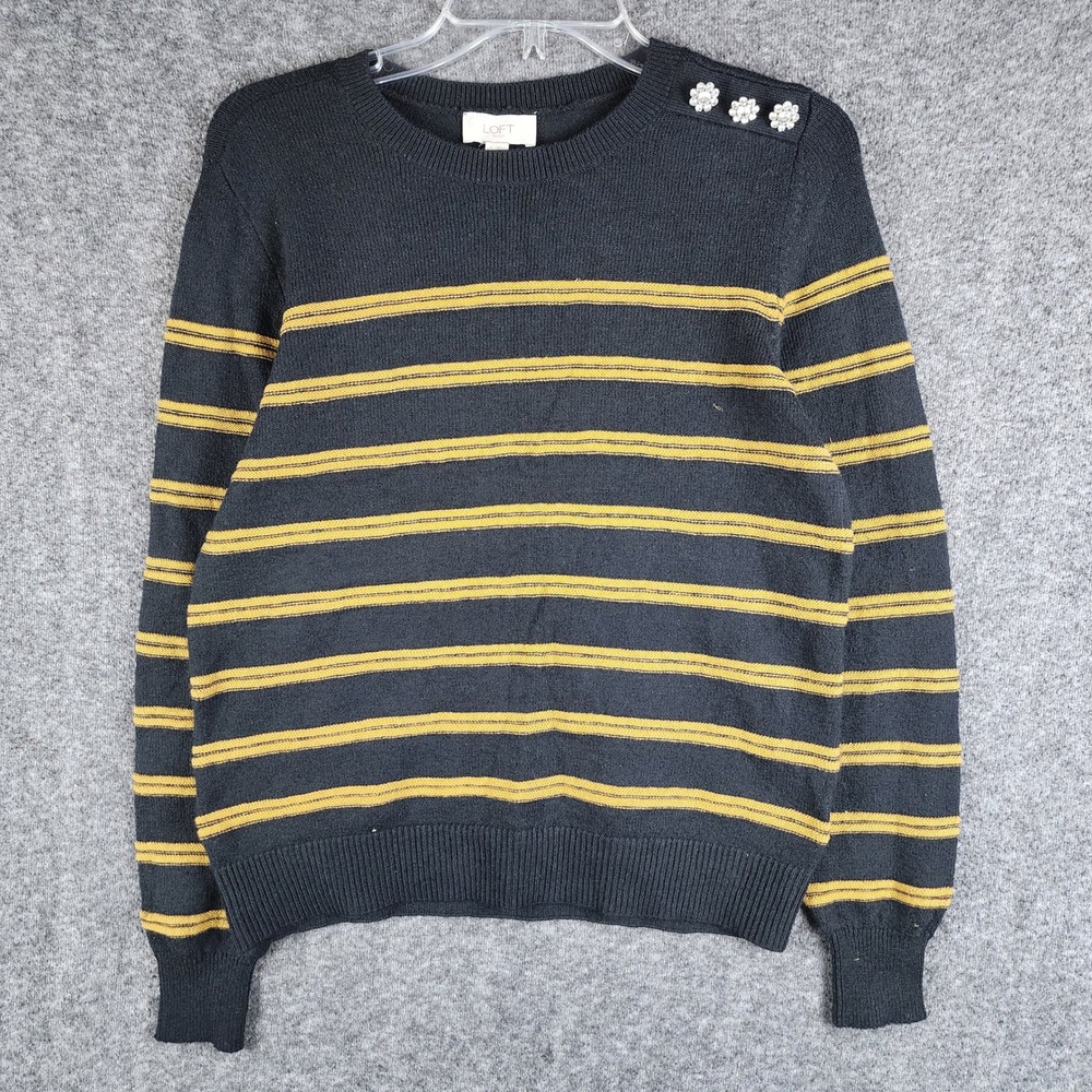 Loft Sweater Womens Medium Pullover Black Gold Striped Rhinestone Button EUC